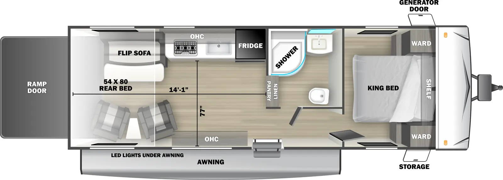 The Shockwave 2530RLE is a toy hauler that has one entry and zero slide outs. Exterior features include: fiberglass exterior and awning. Interiors features include: front bedroom.